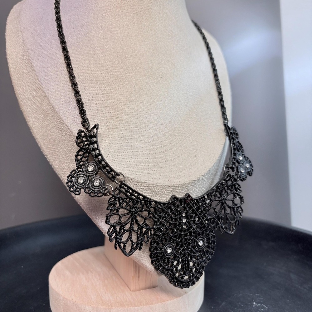 Gothic Owl Statement Necklace 20 In | Black Filigree Bib | Witchy Dark Academia - Picture 6 of 7